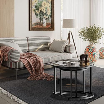aboxoo Black Nesting Coffee Glass Table Set of 2, Metal Freme Side End Tables for Living Room Bedroom for Apartment Small Place Modern Industrial Simple, 23.6D x 23.6W x 17.7H in