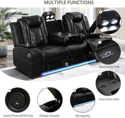 Power Recliner Sofa Set, Breathing Leather Reclining Couch Set, 3 Piece Living Room Furniture Set with LED Lights/Charging Ports/Storage for Home/Office (Black, Sofa+Loveseat+Chair)