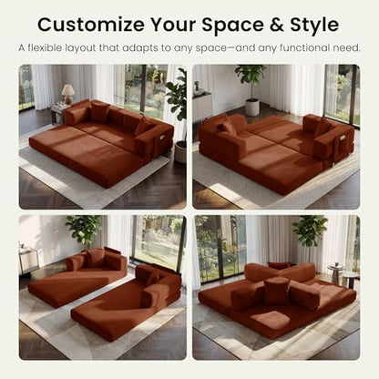78.8" Convertible Futon Sofa Bed, Couch for Living Room | Corduroy Loveseat Sleeper Sofa, Modular Futon Couch with Storage Pocket, Pull Out Couch No Assembly | Rust Red