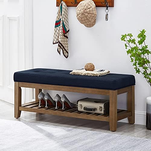 24KF Large Rectangular Upholstered Tufted Linen Fabric Ottoman Bench, Padded Bench with Solid Wood Shelf-Navy Blue