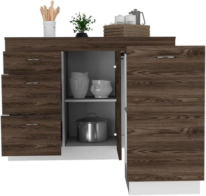 Grecia Kitchen Base Cabinet - 3 Drawers, 2 Shelves, White/Dark Walnut - Expandable Counter Space