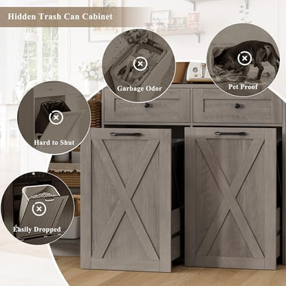 HOSTACK 71" Kitchen Pantry with 12.5 Gallon Double Trash Can Cabinet, Grey | Farmhouse Garbage Can Cabinet with Pull Out Trash Can Storage, 47"W Kitchen Hutch with Hidden Garbage Storage for Dining Room