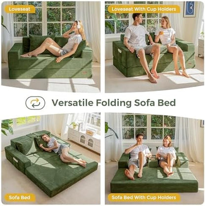 MAXYOYO Sofa Bed, 64-Inch Loveseat with 2 Cup Holders | Corded Green 4-in-1 Sofa Converts Into a Floor Couch or Recliner Chair; Sofa-in-a-Box Needs No Assembly for Living Rooms
