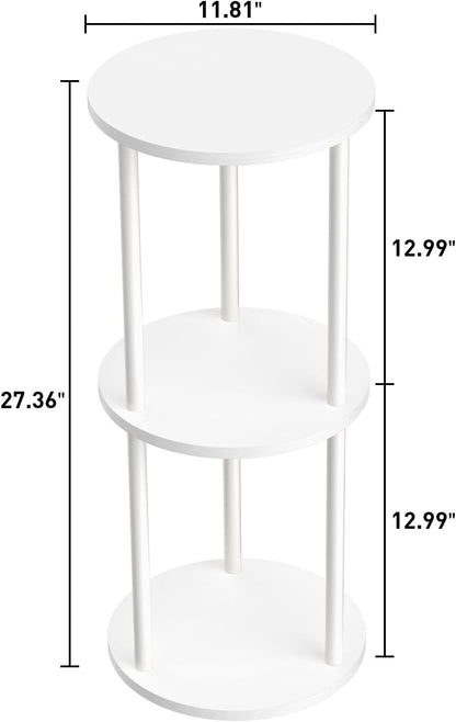 11.8'D Round Drink Table - 3-Tier Small Side Table with Wood Legs, End Table for Small Space, Balcony & Office | Space-Saving, Multi-Functional (Plants, Books, Drinks), White