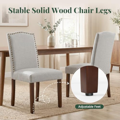 Upholstered Dining Chair Set of 4, Farmhouse Fabric Kitchen Chair | Modern, Padded Seat, Solid Wood Legs, High Back, Nailhead Trim, Living Room, Restaurant, Hotel, Grey