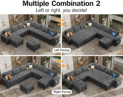 Vipbear 130" Modular Sectional Sleeper Sofa with Pull Out Bed, 9 Seat Chenille U Shaped Couch with Ottoman and Chaise|USB Ports|Cup Holders|Side Table, Tool Free Assembly, Grey