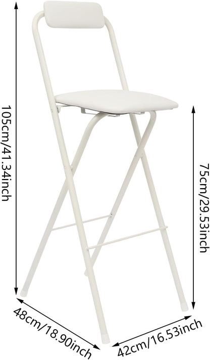 Folding Bar Stool with Backrest, 29 Inch Leather Padded Counter Height Foldable Stool Portable Tall Foldable Chair 275LBS for Gardening Outdoor Kitchen Camping Shop Cafe (White, 1 Pack)