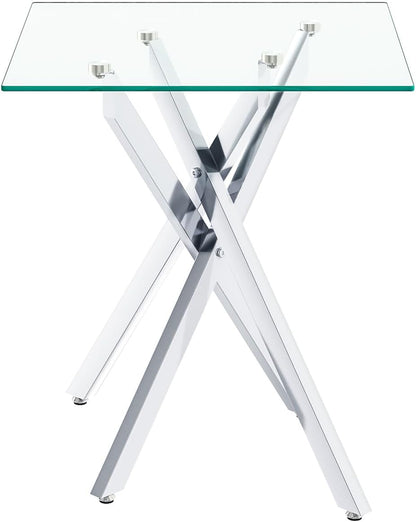 Modern Square End Table with Glass Top, Glass End Side Table for Living Room Office, 17.72 x 17.72 x 20.87 inches, Silver Metal X-Base, Adjustable Feet (1, Silver)