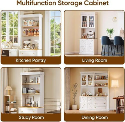 71" White Farmhouse Kitchen Pantry Cabinet Set of 3— Freestanding Coffee Bar with Glass Doors or Drawers, Microwave Stand, Large Storage Hutch with Adjustable Shelves for Kitchen, Living Room
