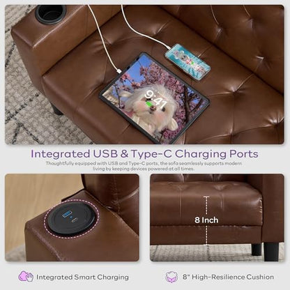 62'' Leather Loveseat Sofa Set with Chairs, 3-Piece Living Room Furniture | Leather Sofa and Chair Set, Loveseat Couch with 2 USB Ports and Cupholders, Comfy Furniture for Apartment Office, Brown