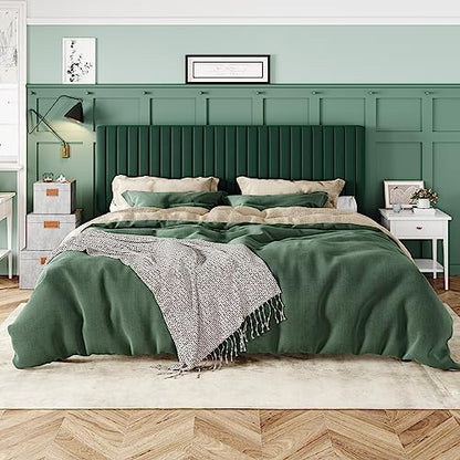 Allewie King Bed Frame, Velvet Upholstered Platform Bed with Adjustable Vertical Channel Tufted Headboard, Mattress Foundation with Strong Wooden Slats, Box Spring Optional, Easy Assembly, Green