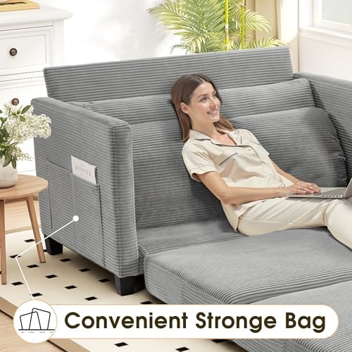 51" Convertible Loveseat Sofa Bed, 2-in-1 Folding Sofa Bed with 2 Pillow for Small Spaces, Modern Loveseat Sleeper Couch for Apartment, Living Room & Guest Room (Light Grey Corduroy, 51 inch)