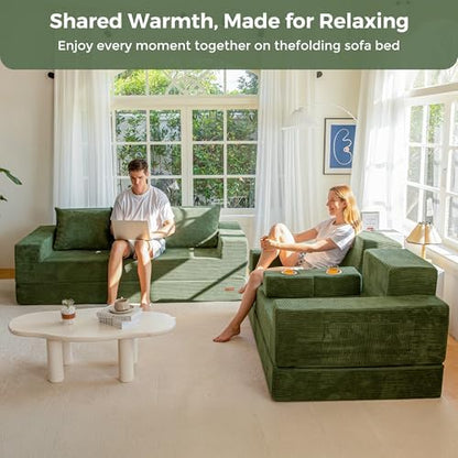 MAXYOYO Convertible Sofa Bed, 80" Oversized Loveseat Couch 4 in 1 Foldable Floor Sofa Couch in A Box with 2 Cup Holders, Folding Chair for Living Room, No Assembly Required, Green | Corded Green 4-in-1 Couch Converts Into a Floor Sofa