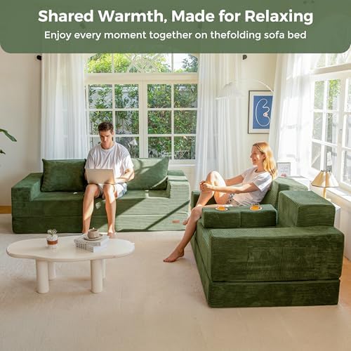MAXYOYO Sofa Bed, 64-Inch Loveseat with 2 Cup Holders | Corded Green 4-in-1 Sofa Converts Into a Floor Couch or Recliner Chair; Sofa-in-a-Box Needs No Assembly for Living Rooms