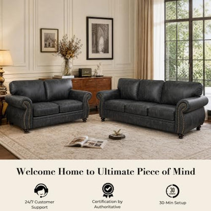 Couchus 88" W Living Room Furniture Sets, 3-Seater&Loveseat&Single, Grey | Faux Leather Fabric Sofa and Couch Sets, Mid-Century Sofa Set with Nailhead Trim