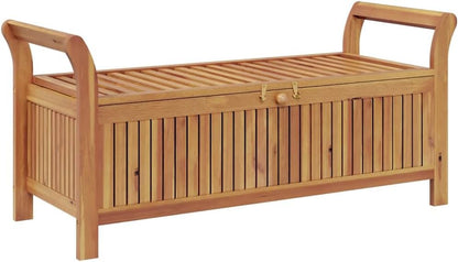 Garden Storage Bench with Dark Grey Cushion, Solid Acacia Wood Outdoor Storage Seat for Patio Balcony and Terrace, 2-Seater Wooden Deck Bench with Under-Seat Storage, Brown Finish