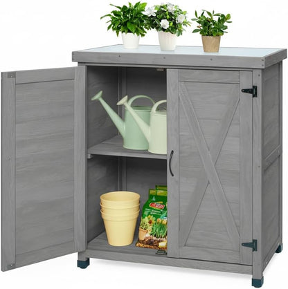 31" Weatherproof Small Storage Cabinet, Storage Cabinets with Hemlock Wood, Tool Cabinet with Magnetic Door for Patio & Garage, Gray
