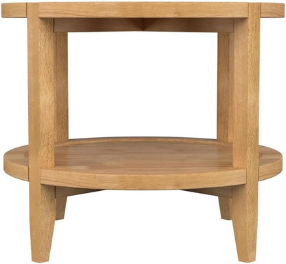 Pemberly Row Round Solid Wood End Table, 23.5 in Wide, Maple Brown Finish, Asian Hardwood Construction, Lower Shelf, Modern Farmhouse Style for Living Room or Bedroom Decor