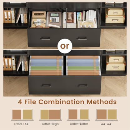 SEDETA 55" File Cabinet with Lock, Large 3 Drawers Filing Cabinets for Home Office, Lockable Printer Stand with Storage, Power Strip, LED Light & Pegboard, Black