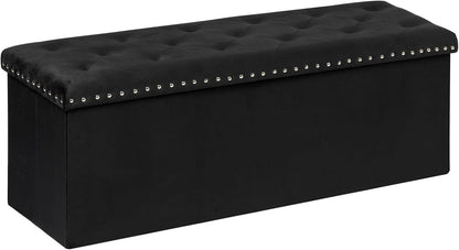 PINPLUS Folding Storage Ottoman Bench, Black Velvet | Large Storage Chest with Padded Seat, Footrest Stool and End of Bed Bench for Bedroom, Living Room and Entryway
