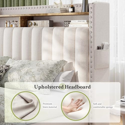 EnHomee King Size Bed Frame with 2 Drawer & 2-Tier Storage Headboard Shelf