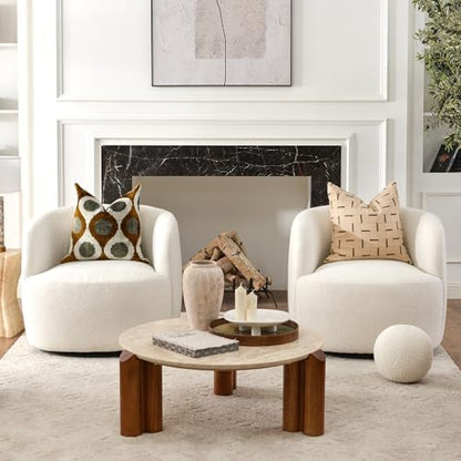 KINWELL 34" W Sherpa Swivel Barrel Chairs with Pillow Set of 2, Cream