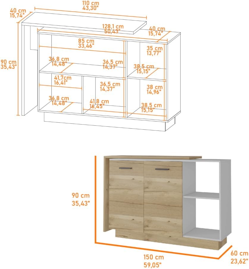 White and Light Oak 4-Door Kitchen Set with Island and Pantry Cabinet | Includes 4-door pantry cabinet with double doors and interior shelves