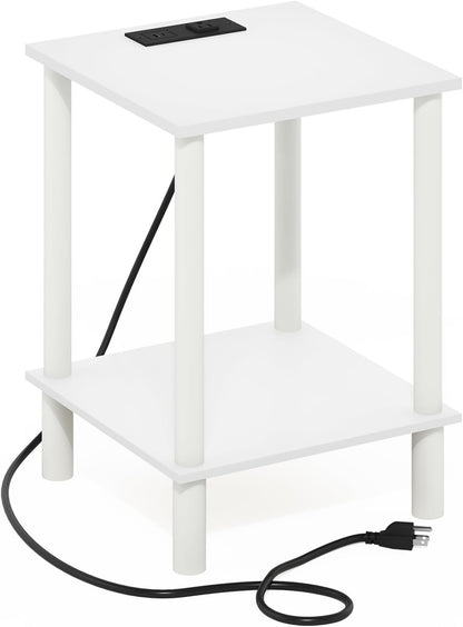 Furinno Turn-N-Tube Side Table, 2-Tier Square End Table with Charging Station, Night Stand, Bedside Table with USB and Type-C Port, for Living Room, Bedroom, White
