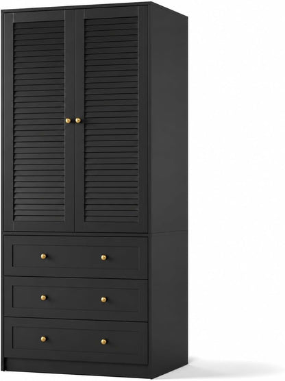 GarveeHome 70" Wardrobe Armoire Wooden Closet with 3 Drawers, Black