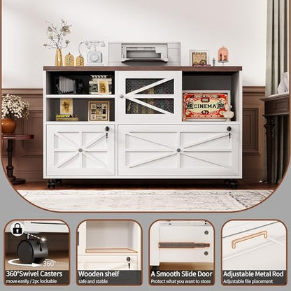 2 Drawer Farmhouse File Cabinet with Lock, Mobile Lateral Filing Cabinet for Letter/Legal/A4 Size, Open Storage Adjustable Shelf for Home Office Cabinets,White
