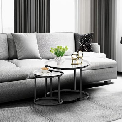 aboxoo Black Nesting Coffee Glass Table Set of 2, Metal Freme Side End Tables for Living Room Bedroom for Apartment Small Place Modern Industrial Simple, 23.6D x 23.6W x 17.7H in