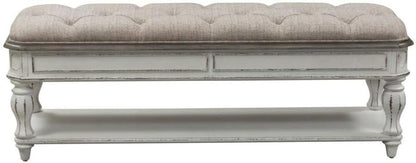 Starlight Canyon Home Antique White Bedroom Bench with Storage Shelf, Upholstered End of Bed Bench with Faceted Legs and Ivory Tweed Seat for Elegant Comfort