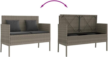 Gray Poly Rattan Outdoor Storage Bench with Cushion, Patio Seating with Waterproof Storage Bag for Cushions and Towels