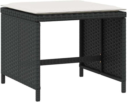 4-Piece Garden Stool Set with Cushions, Black and Cream, Square Outdoor Stools with Removable Polyester Cushions, Metal Frame and PE Rattan, 242.5 lbs Capacity per Stool for Patio