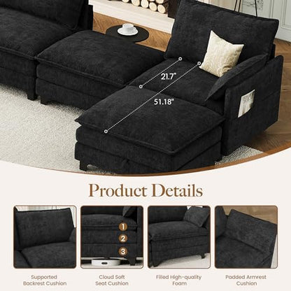 140" U-Shaped Modern Modular Sectional Sofa, Chenille Cloud Couch with Storage Ottoman, Deep Seat Couches with Side Pocket for Living Room, Bedroom and Apartment, Dark Grey