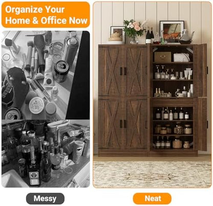 Unikito 71" Tall Kitchen Pantry Cabinet with Adjustable Shelve and Drawer | Large Wooden Farmhouse Storage Cupboard, Barn Door, Sturdy and Deep, Versatile for Dining Room, Living Room, Utility Room