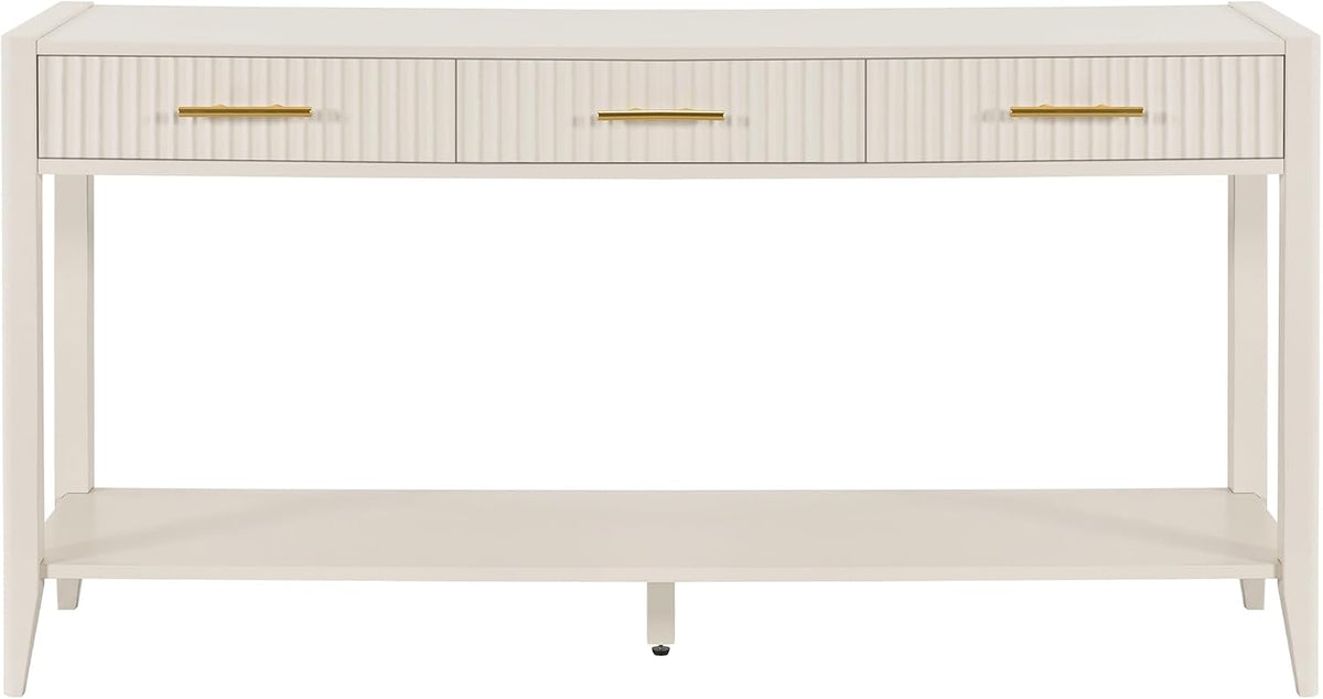 Knocbel Entryway Console Table with 3 Vertical Stripe Drawers and Storage Bottom Shelf, Sofa End Table with Sturdy Long Legs for Living Room Hallway, 15.7" D x 60" W x 31.4" H Beige