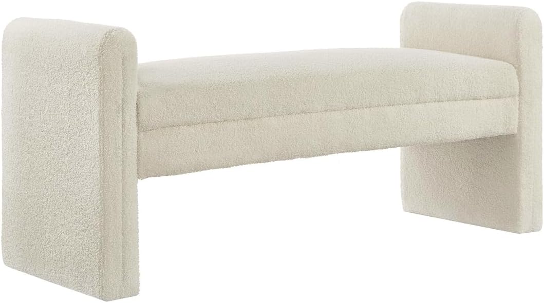 24KF Modern Upholstered Bed Bench Covered with Soft Boucle Teddy Fabric, Lovely Entryway Bench Ottoman with Armrest,5062-Cream