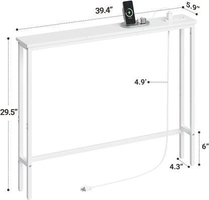 ELYKEN 39.4'' Narrow Console Table with Outlet, Sofa Table Behind Couch | Skinny Entryway Tables with Charging Station for Living Room, Hallway, 5.9 x 39.4 x 29.5in, White