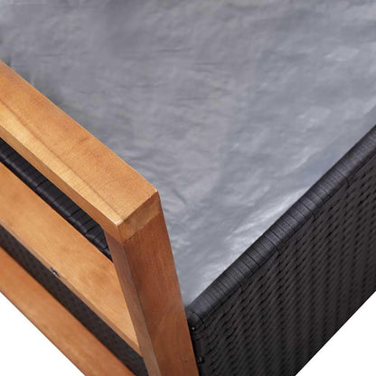 Poly Rattan Patio Storage Bench with Solid Acacia Wood Armrests and Backrest, Large Outdoor Storage Bench with Removable Seat Cushion