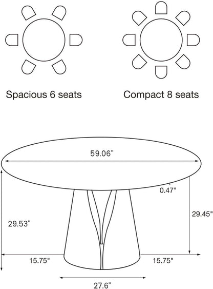 POVISON 59" Modern Round Dining Table, Marble Round Dining Room Table for 6, Matte White Sintered Stone Tabletop with Black Carbon Steel Pedestal, Circle Dining Table for Kitchen Room (Table Only)