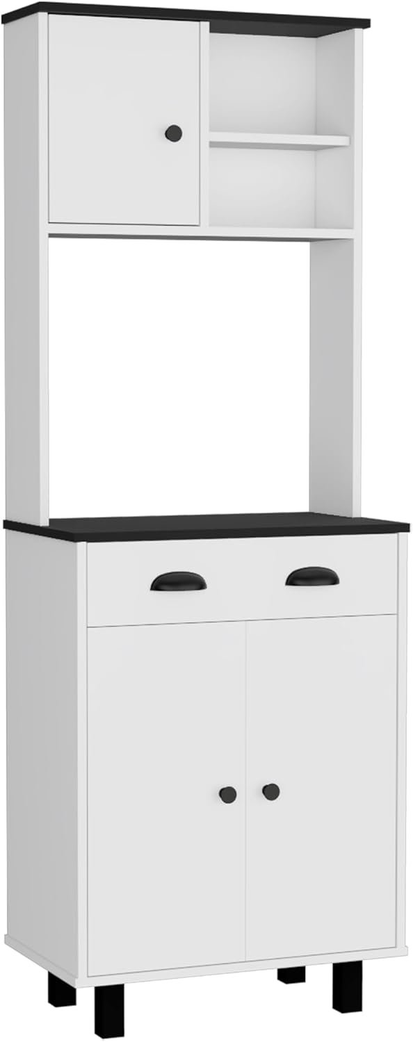 Modern Farmhouse Kitchen Pantry - White/Black Storage Cabinet with 3 Doors & Drawers | Space-Saving for Small Kitchens