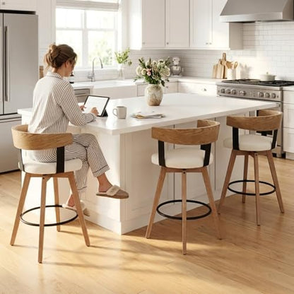 Ya-Home Mid-Century Bar Stools Set of 3, 26 Inch Swivel Counter Height Stools Linen Fabric Barstools with Barrel Backrest Wooden Legs for Kitchen Island Dining Room, White
