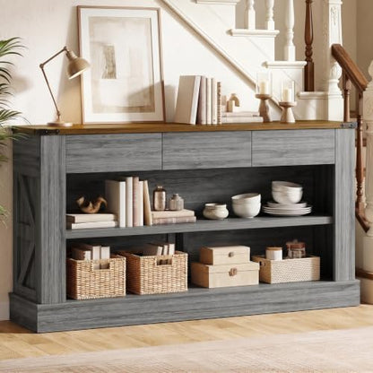 Miereirl 63" Console Table with Drawers & LED Light, Brown & Dark Grey