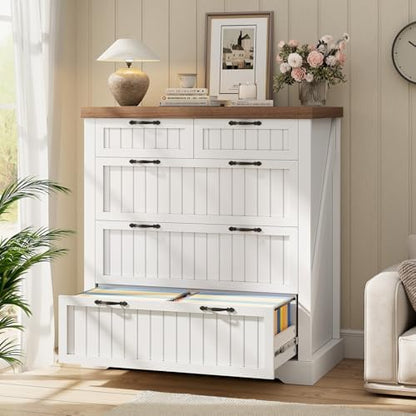 SEDETA Farmhouse File Cabinet with 5 Drawers, Filing Cabinet for Home Office, Wood Office File Cabinets for Letter/Legal/A4 Size, File Cabinets with Printer Stand, White and Brown