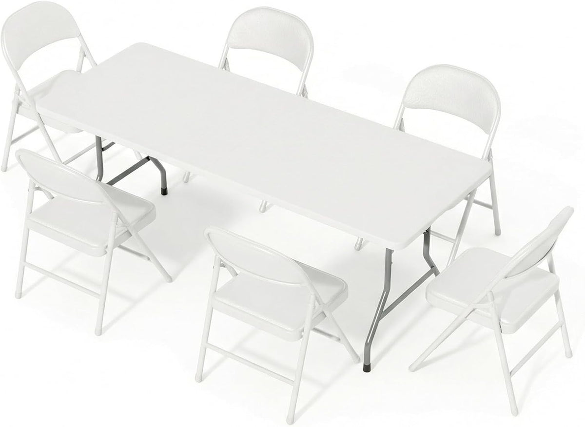 6FT White Plastic Folding Table Set with 6 White PU Padded Chairs | Portable Foldable Tables and Chairs for Parties Picnic Events Office Dining Outdoor Activities Home and Commercial Use