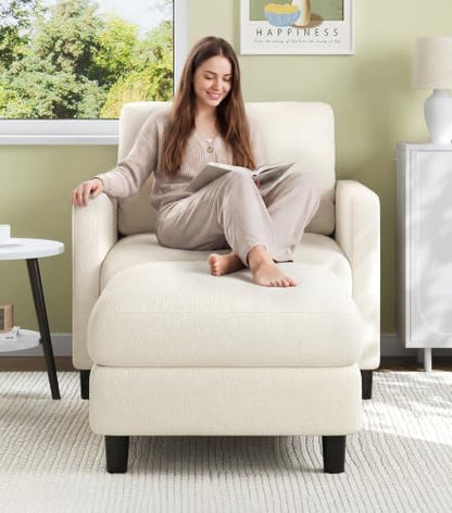 Welzona Sofa Accent Chair with Ottoman, 33" Teddy Reading Chair and Ottoman | Comfy Teddy Fabric, Tool-free Setup, Washable Covers, All-wood Chair and Ottoman Sets for Living Room, Bedroom, Beige