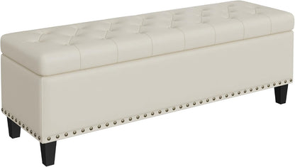 FiveWillowise 51 Inch Storage Ottoman Bench,Large End of Bed Storage Bench | Faux Leather Ottoman with Storage,30 Gallons,Upholstered,with Nailhead Trim,Legs,for Bedroom,Living Room,Entryway,Cream White