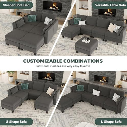 Modular Sectional Sofa 6 Seaters Modular Sleeper Sofa Couch | Comfy Sectionals Couches Bed, Convertible Sofas with Ottomans, Sectional Couches for Living Room, Dark Gray