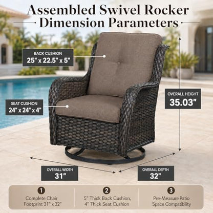 HUMMUH Outdoor Swivel Rocker Wicker Patio Chairs Set of 2, Rattan Rocking Chair Furniture Set(Brown,Grey)